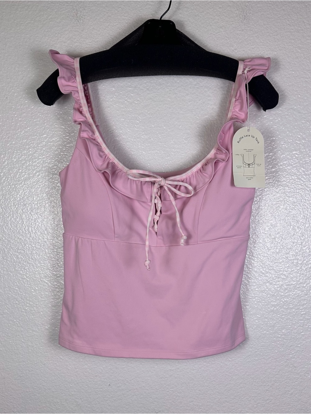 Blogilates Women's Sleeveless Athletic Ruffle Lace-Up Tank Scoop Neck Pink L